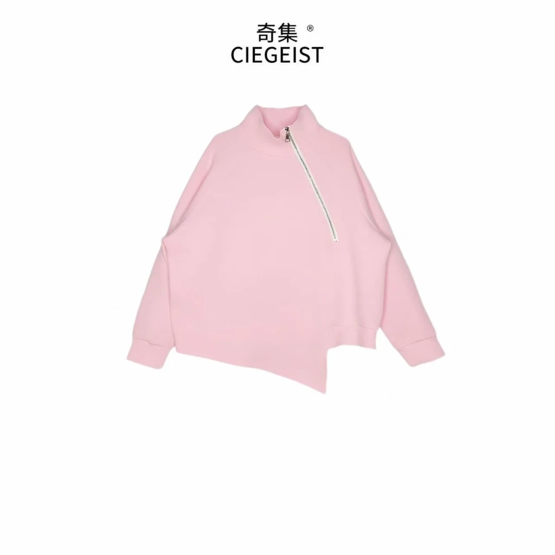 2025秋冬设计师款韩版加厚不规则下摆斜拉链半高领显瘦卫衣2144