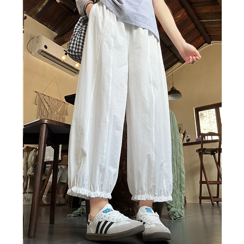 2025新款韩系木耳边九分阔腿灯笼裤女夏薄款小个子高腰宽松休闲裤