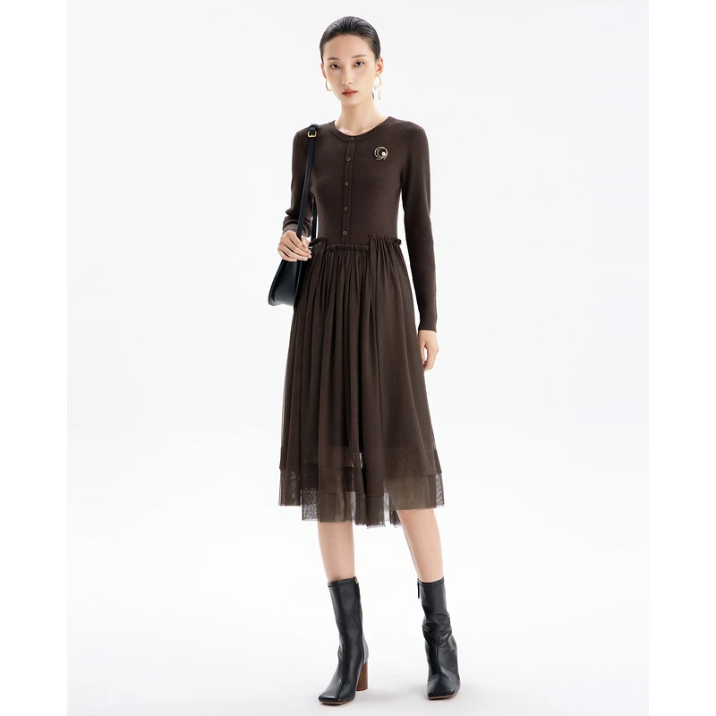 莱芙·艾迪儿气质时尚复古收腰小香风系带长袖连衣裙3V3M40238