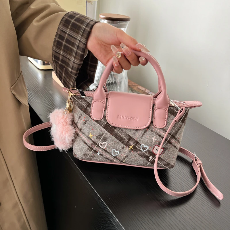 洋气红格子新年包包女2025新款时尚手提斜挎包百搭休闲小包包