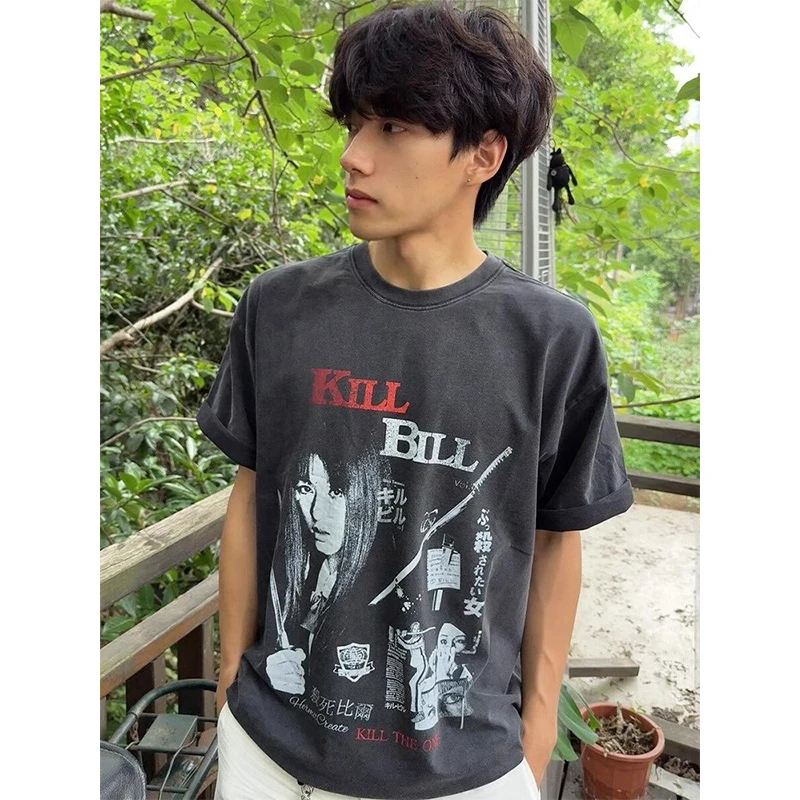 杀死比尔水洗做旧t恤男夏季美式街头重磅正肩短袖潮牌情侣半截袖