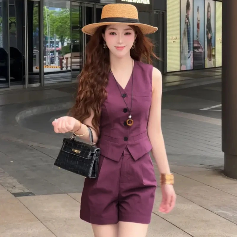 欧洲站时尚洋气套装2025年夏季新款V领无袖马甲高腰短裤两件套