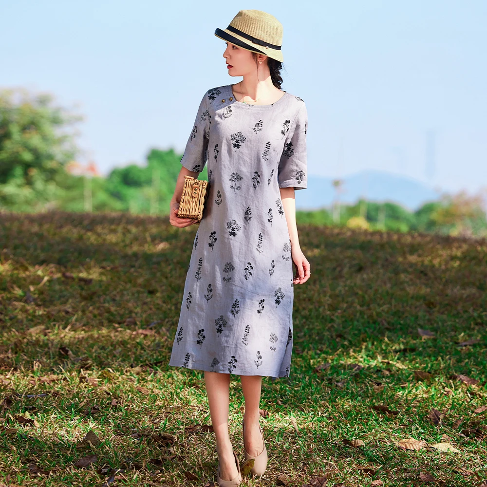 25夏季高端亚麻刺绣连衣裙中国风宽松圆领中袖文艺原创绣花A字裙