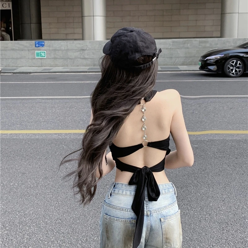 夏季新款美背狙击挂脖绑带设计性感露背吊带修身显瘦背心上衣