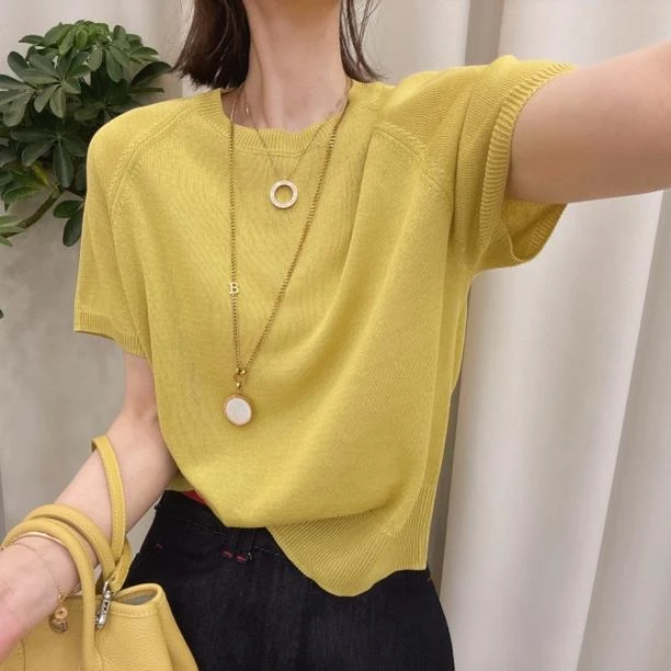 夏季圆领薄款短袖针织衫女2025时尚百搭宽松显瘦纯色简约套头上衣