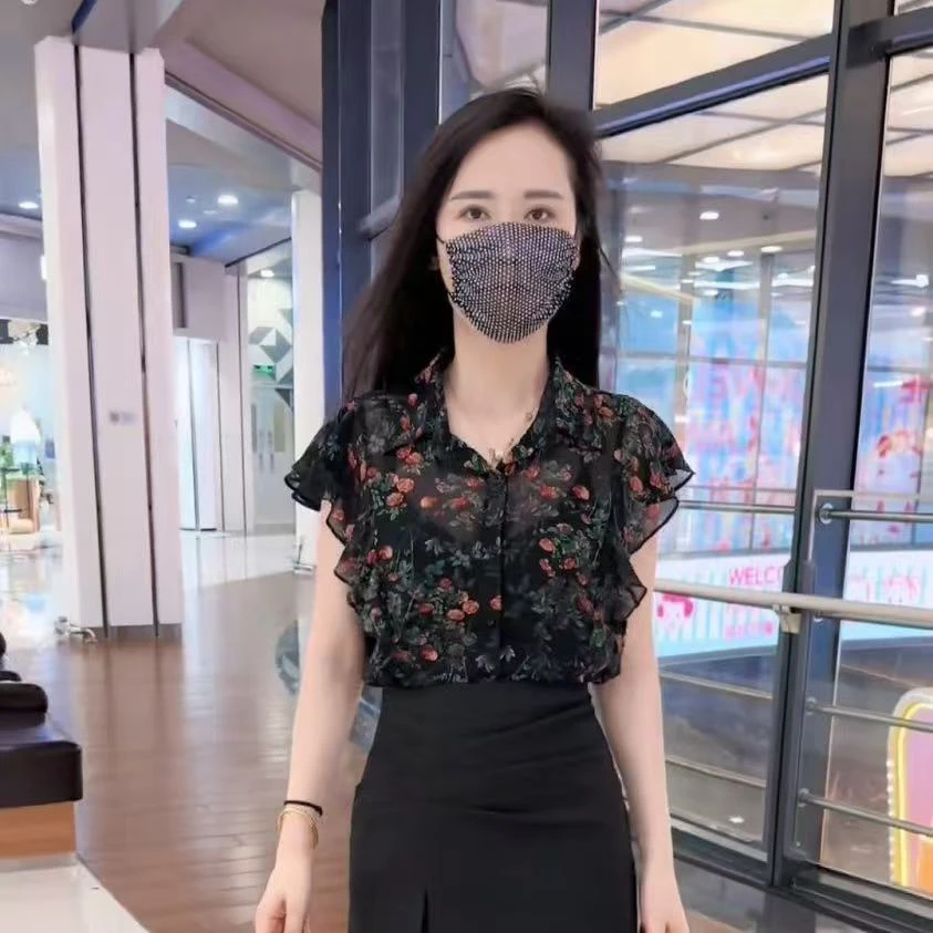 雪纺木耳边设计时尚砖红花碎花衬衫上衣女夏季时尚简约百搭褶皱