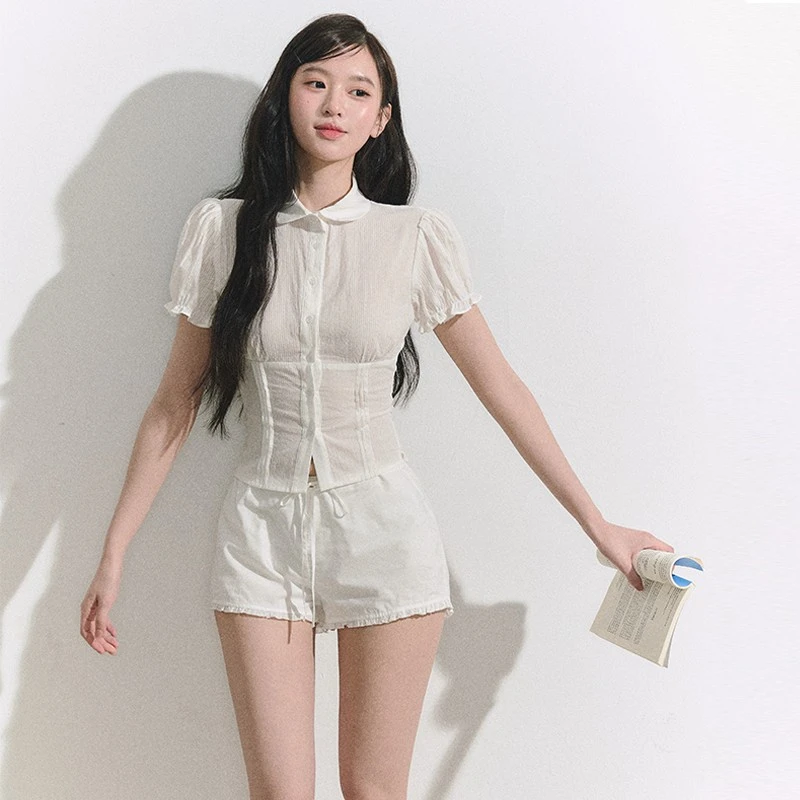 OIOI ESSE/"夏日的遐想"泡泡袖收腰衬衫女荷叶边短裤度假风穿搭
