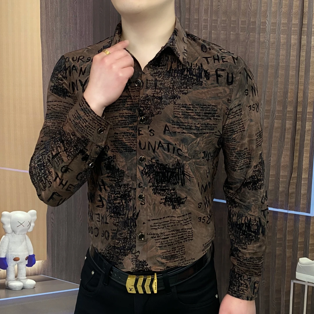 2025春秋衬衫长袖衬衣男士时尚休闲潮流修身印花植绒个性韩版痞帅