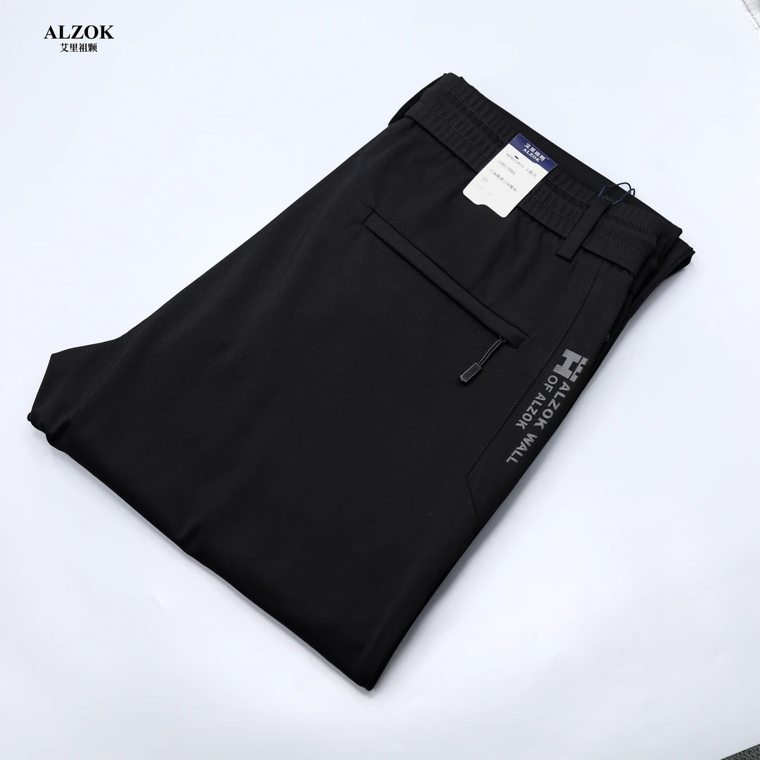 ALZOK男士休闲裤运动夏季薄款宽松商务黑色弹力锦纶23471
