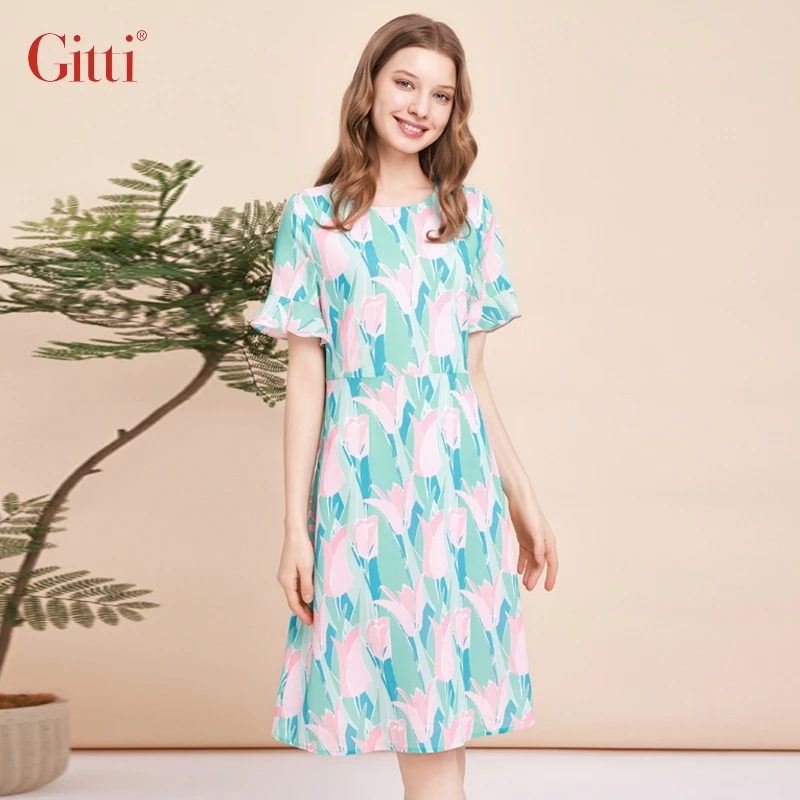 Gitti/吉蒂气质优雅郁金香减龄连衣裙度假荷叶袖A字中长裙G241087