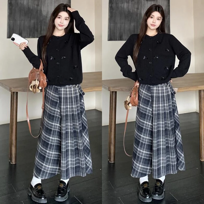 大码胖mm美拉德风学院Polo领针织毛衣+温柔格纹百搭半身裙套装女