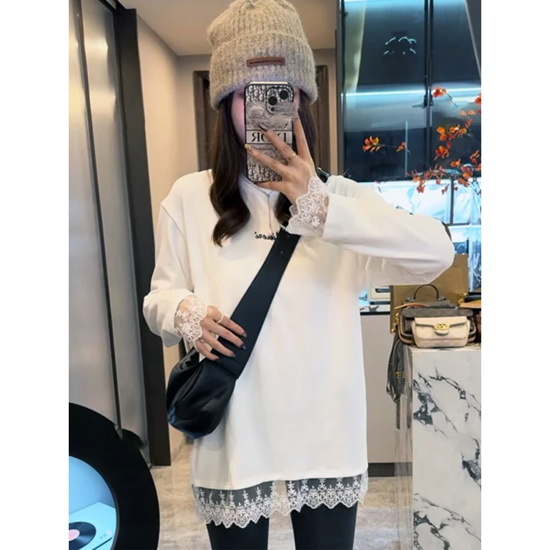 大码时尚蕾丝边拼接中长款打底上衣女保暖春装遮屁股显瘦长袖t恤