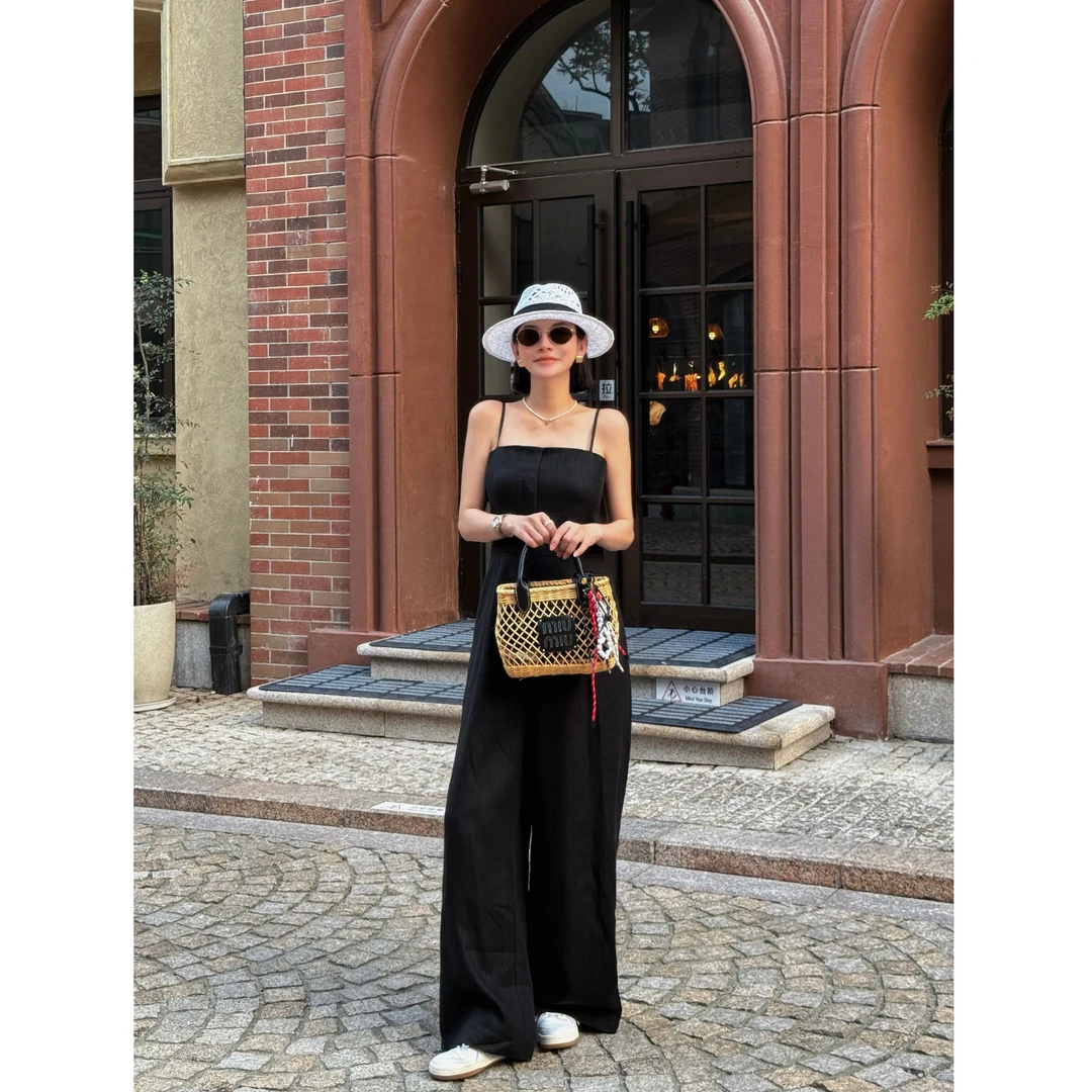 【何發财】经典重现 简约通勤亚麻吊带连体裤宽松直筒阔腿裤 K06217