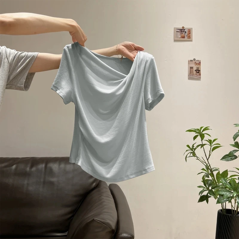 【韩系甜妹】荡领荡领温柔短袖浅蓝色T恤女夏季褶皱显瘦纯色上衣