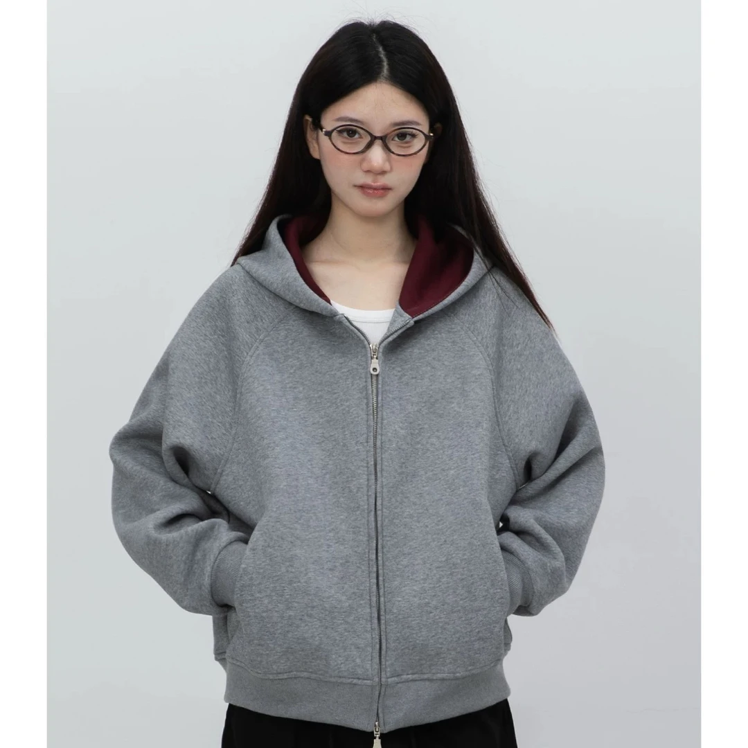 早春秋 帝王红内重磅开衫男女拉链连帽卫衣美式廓形Boxy短款夹克