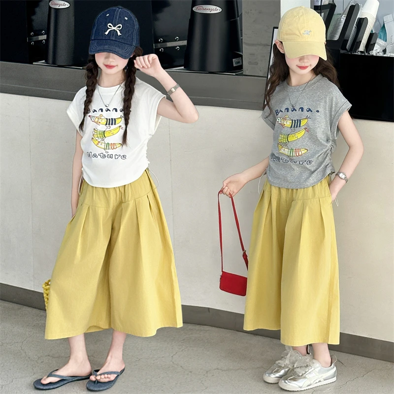女童夏季抽绳t恤套装2025新款洋气薄款儿童短袖阔腿裤两件套童装