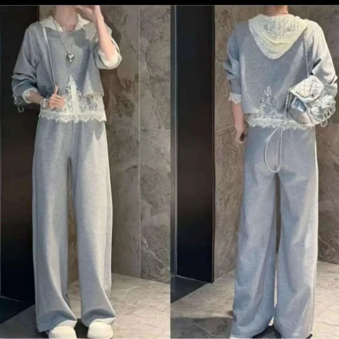 秋季爆款新款春季慵懒穿搭套装女连帽蕾丝套装三件套