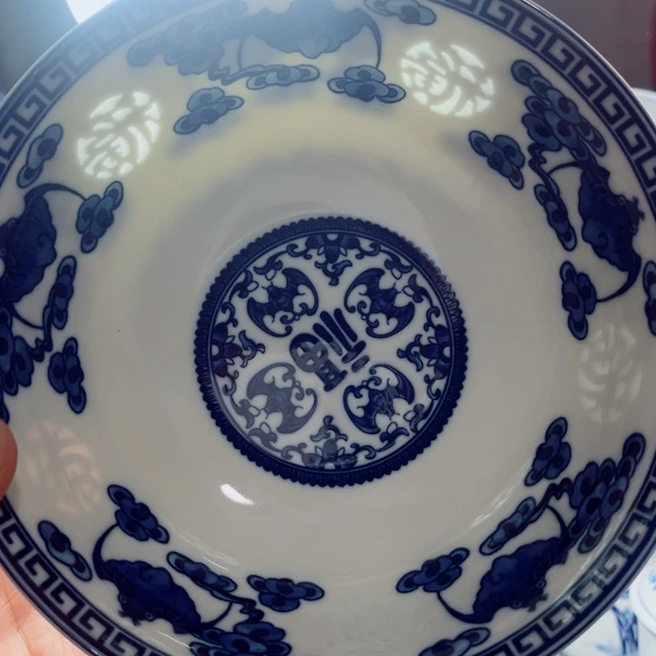 青花玲珑7寸面碗五福