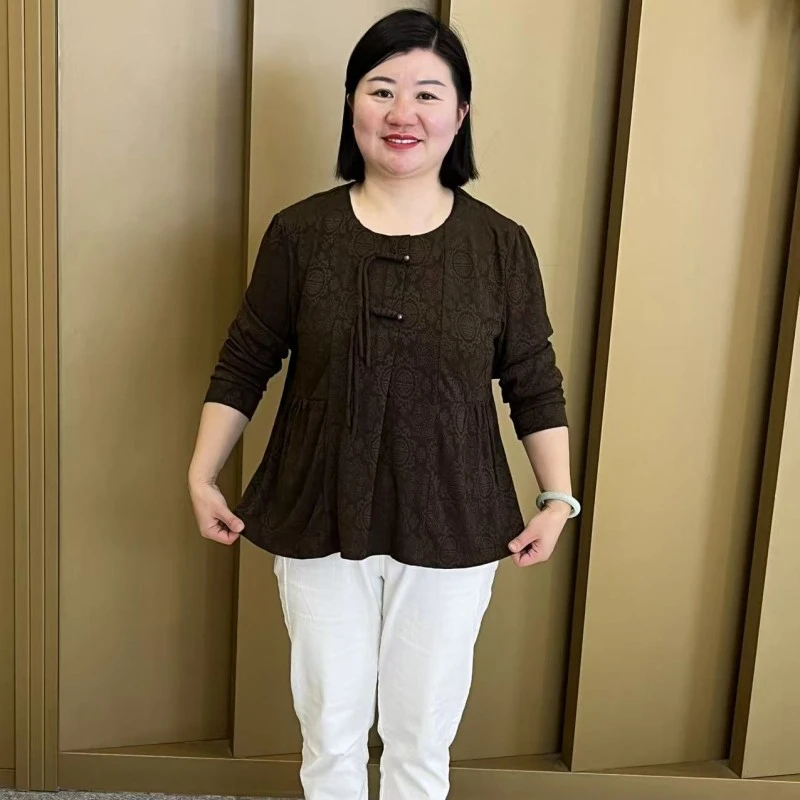 妈妈装春秋洋气T恤小衫新中式宽松长袖时尚新款上衣