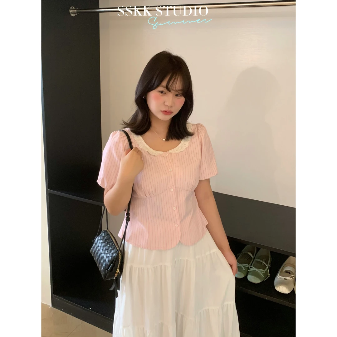 KMZY/KMZY山_山【miu系甜心】微胖韩版夏季减龄蕾丝拼接条纹衬衫女