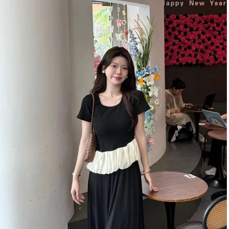 新款芭蕾风荷叶边方领短袖T恤女夏季新款收腰显瘦褶皱打底衫上衣