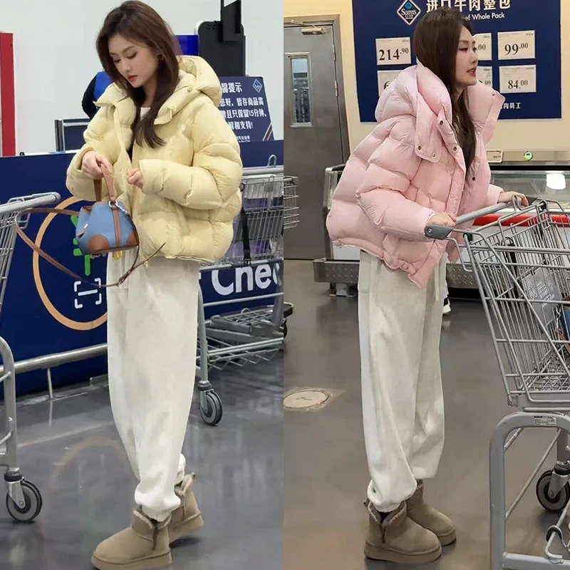 冬装搭配一整套2025年新款简约减龄连帽短款棉服高腰休闲裤两件套