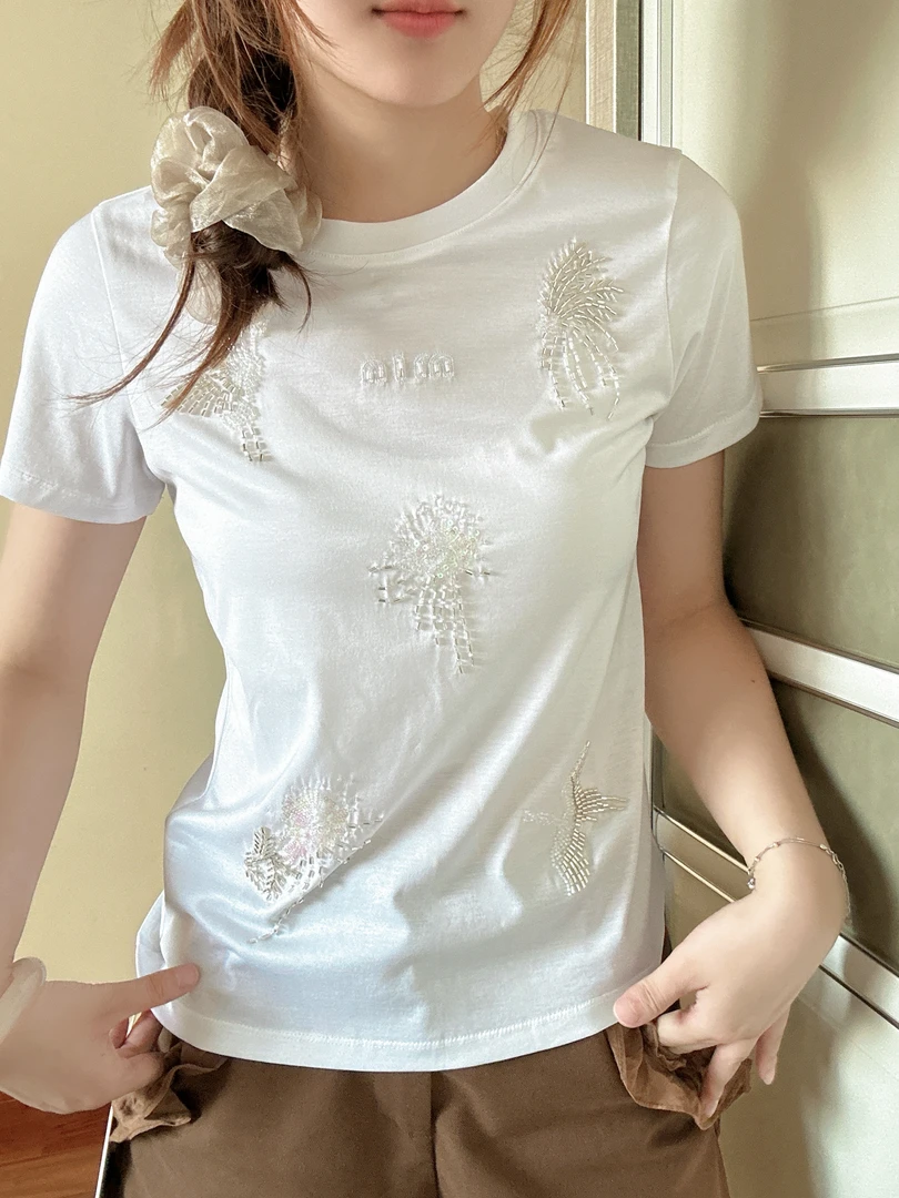白色钉珠字母T恤镶钻速干刺绣女士绣花针织短袖休闲百搭显瘦6637