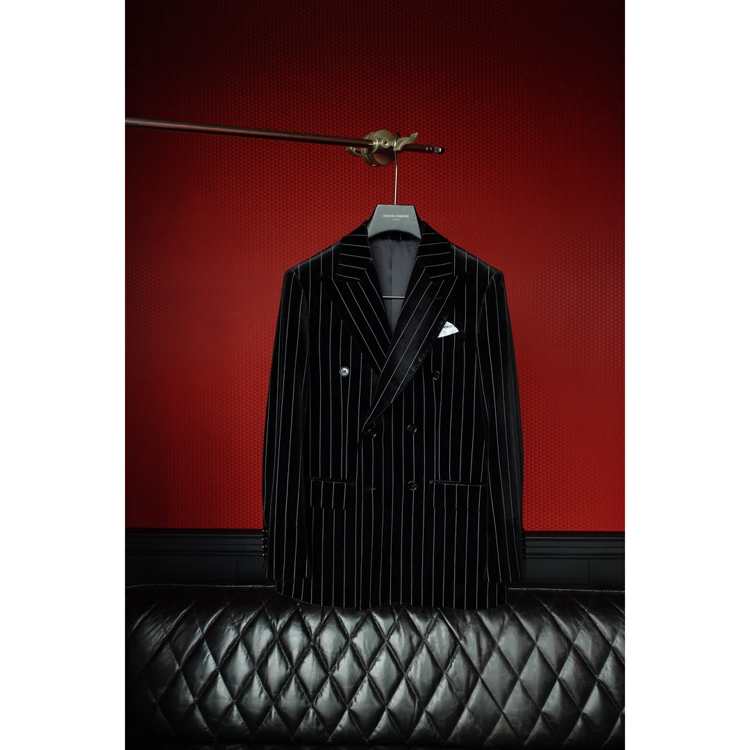 DRUNKCORNER | 黑标系列 | 双排戗驳领黑色白条纹丝绒单西服春季