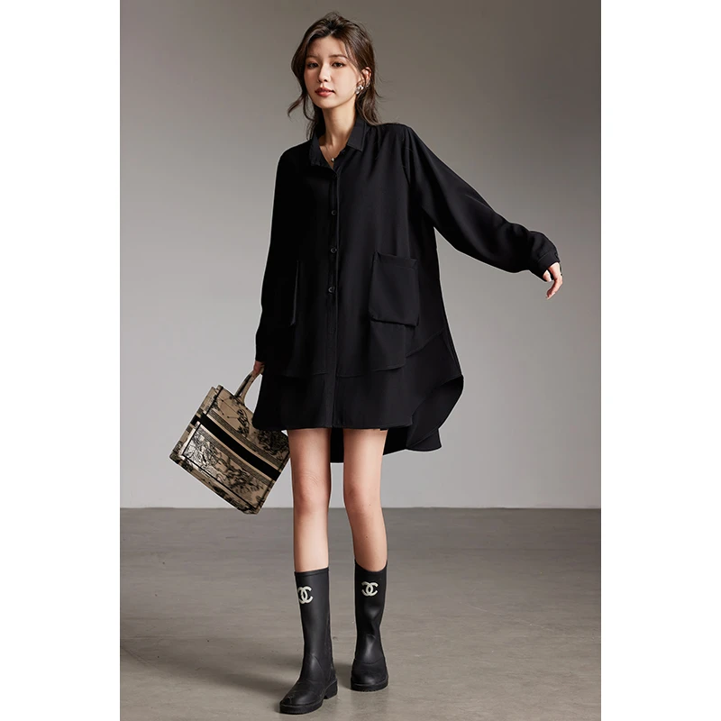 卓卡缇休闲翻领中长黑色衬衫女2025早秋新款衬衣欧洲站大尺码上衣