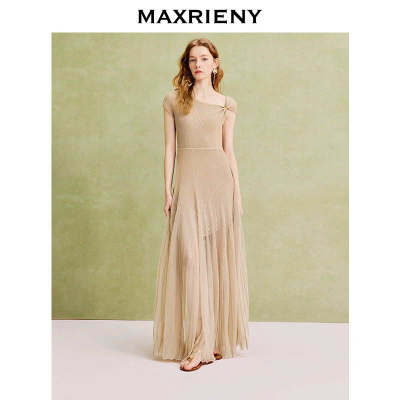 【商场同款】MAXRIENY复古浪漫修身微鱼尾连衣裙25夏款肌理感长裙