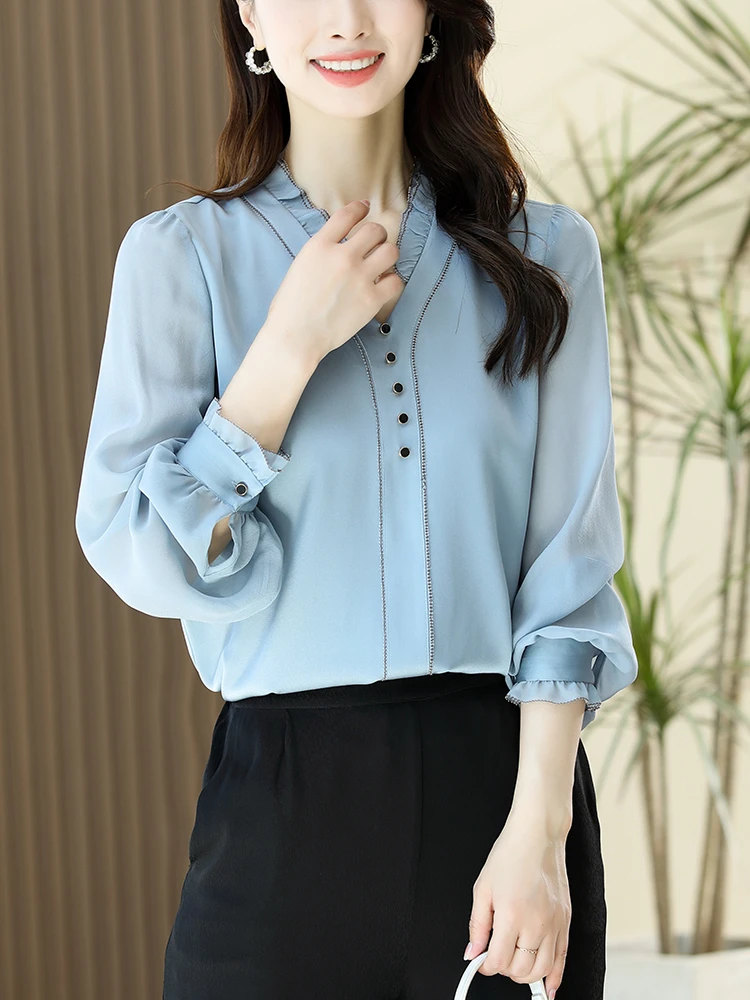 2024新款秋季气质显瘦衬衫高级感v领长袖套头衬衣减龄上衣女
