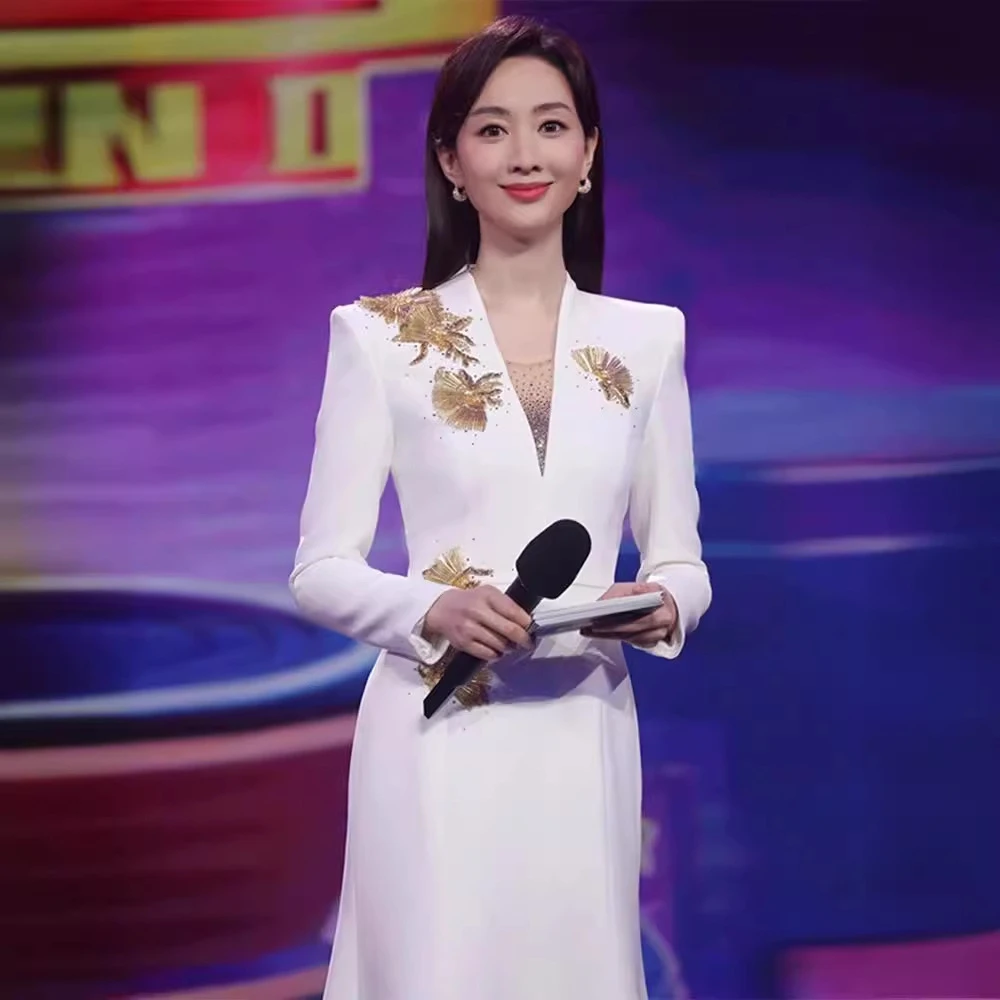 【高品质】白色晚礼服2025新款轻奢文艺汇演主持人收腰长裙小众鱼尾