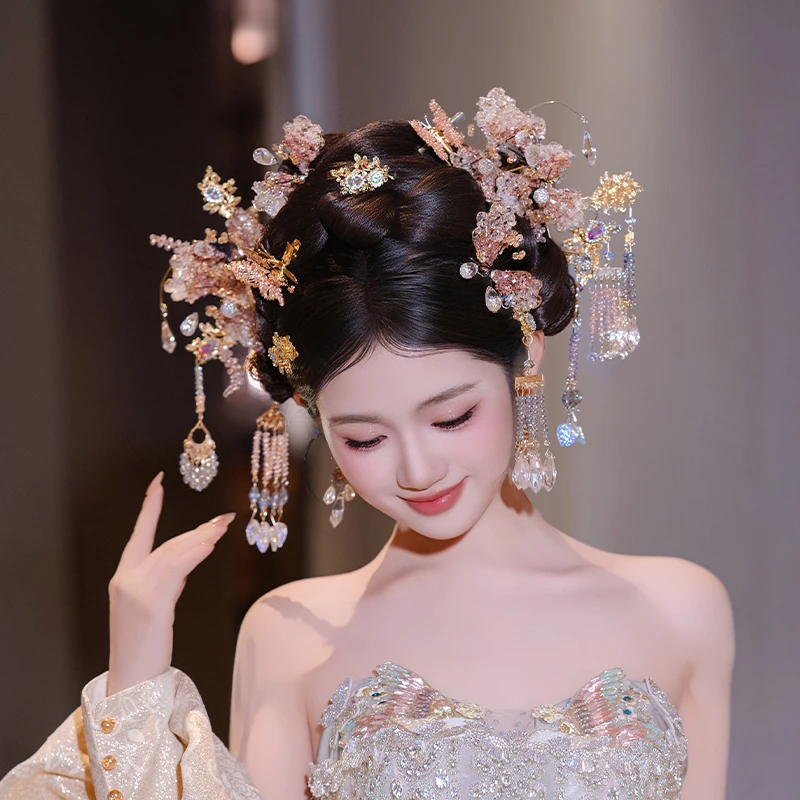 合金婚庆饰品 新娘中式宫廷头饰秀禾水晶流苏蝴蝶甜美发饰品G0183