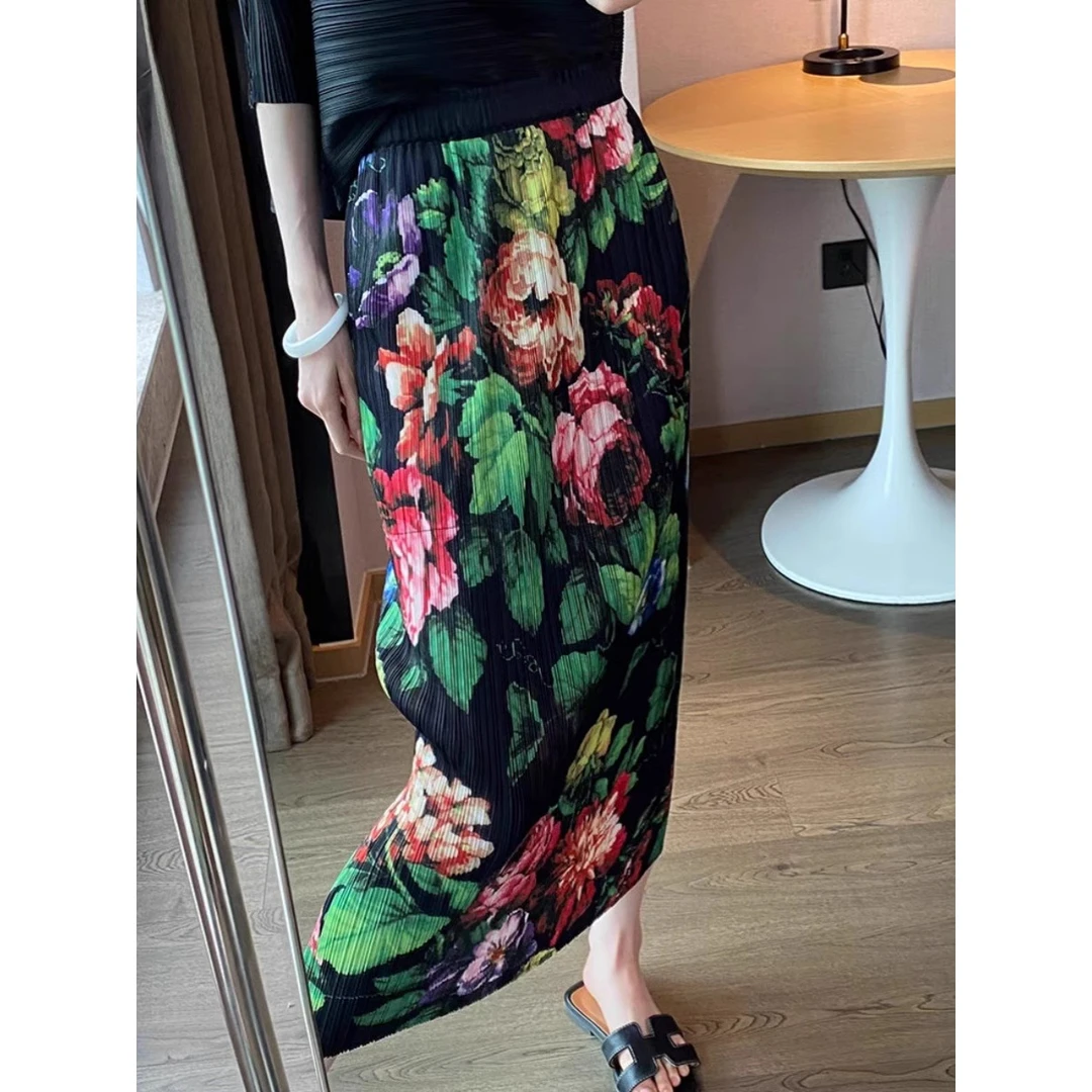 薄款褶皱半身裙女夏季显瘦松紧腰开叉中长款设计感宽松直筒百褶裙