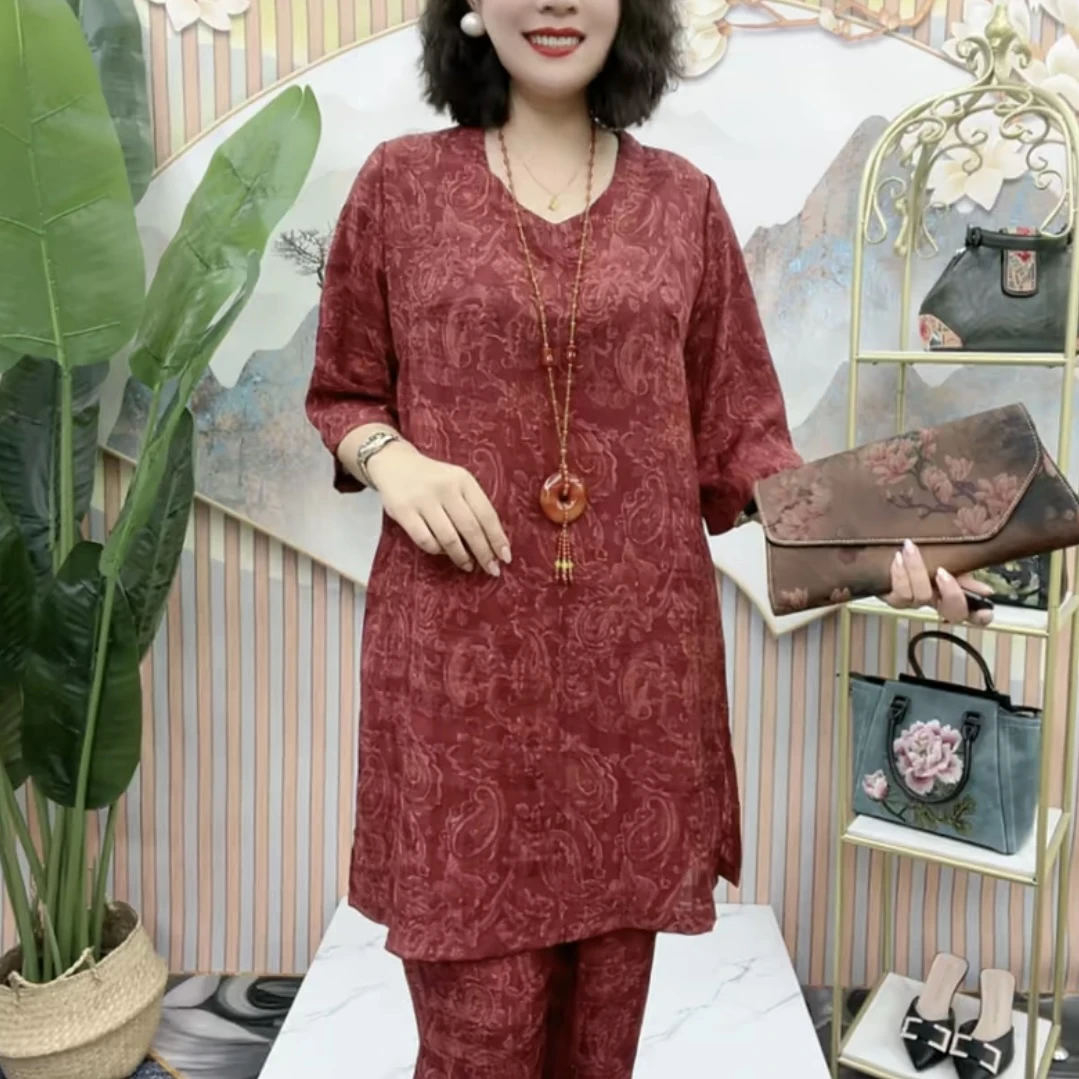 夏季减龄高端气质显瘦提花女款套装休闲百搭潮流复古中老年两件套