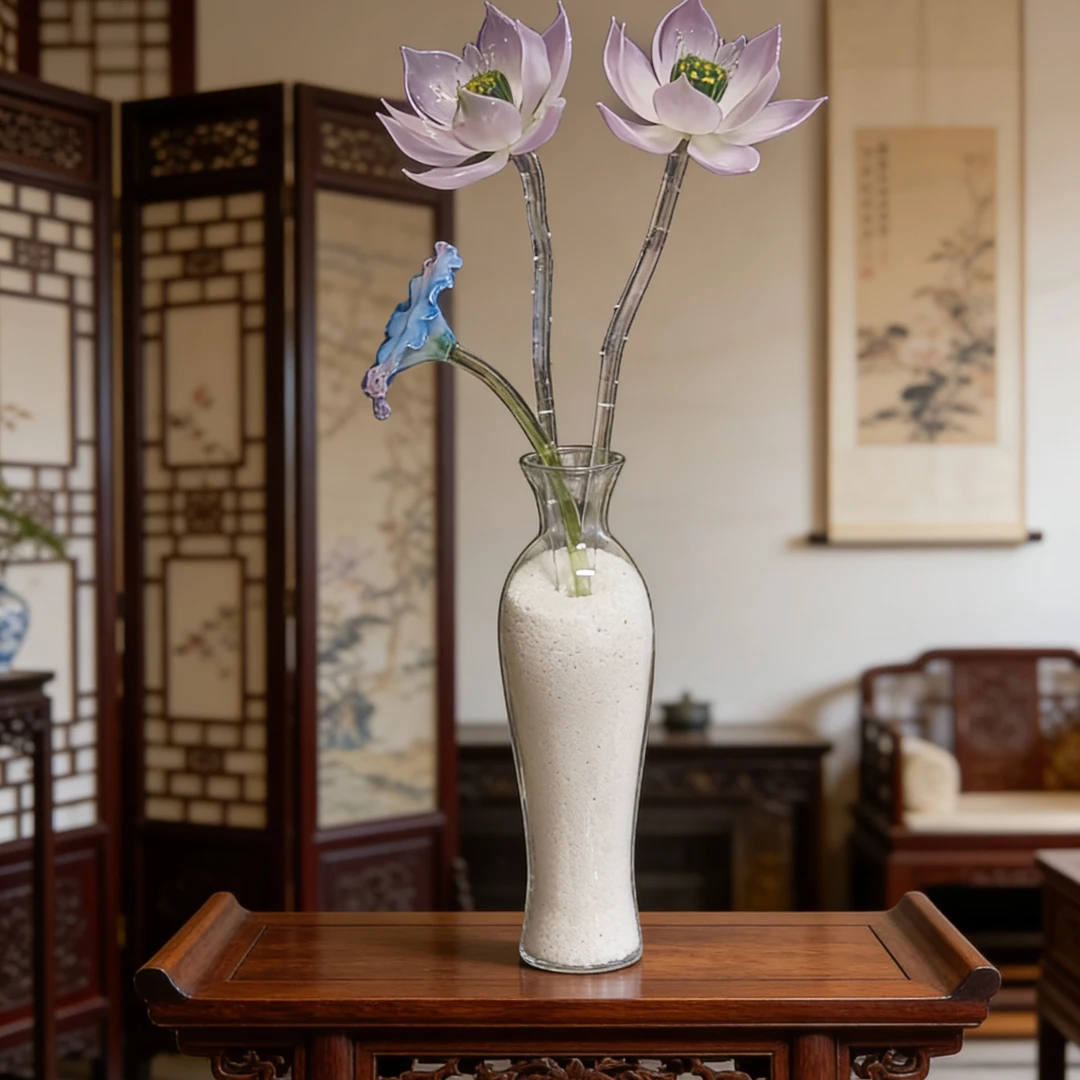淄博灯工琉璃蓝色手工莲花摆件适合玄关客厅茶桌佛前供花禅意礼品