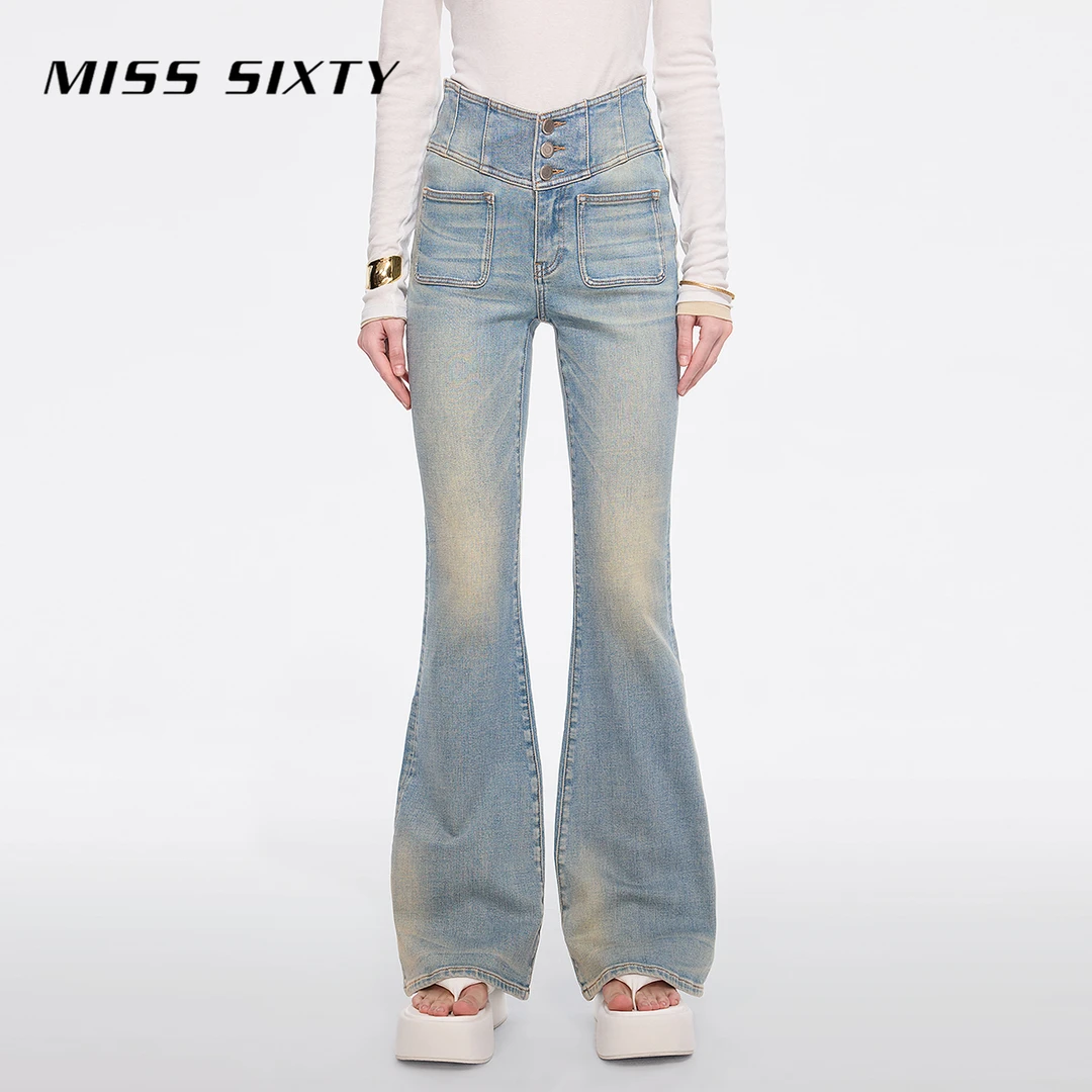 【进口牛仔面料】Miss Sixty2025春季新款牛仔裤V型腰微喇超模裤
