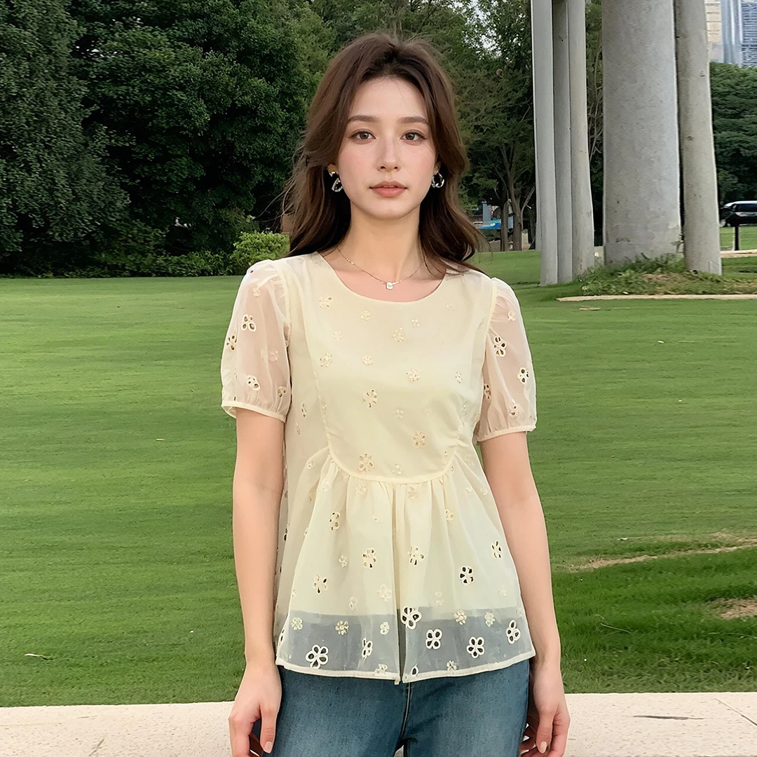 奢姿大码女装2025夏季减龄镂空圆领衬衫胖妹妹百搭时尚休闲上衣