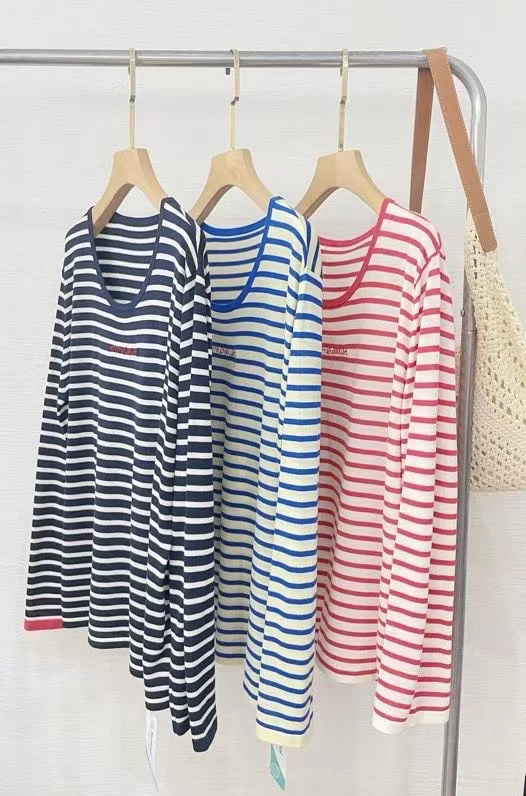 韩里韩气～手绘字母刺绣宽松圆领撞色条纹防晒长袖针织T恤薄上衣女