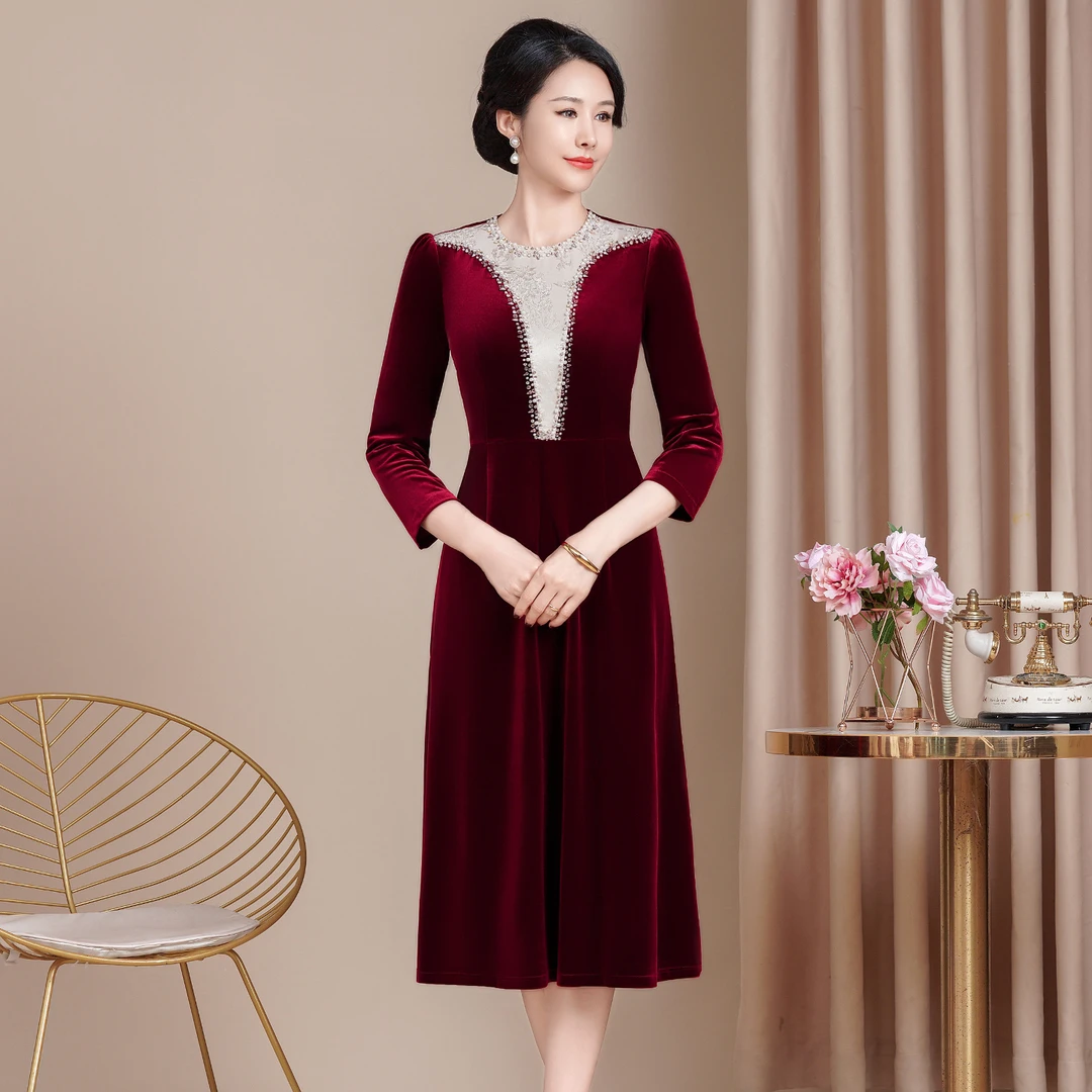 10月份喜婆婆优雅丝绒连衣裙高端喜服妈妈装结婚礼服女方母亲婚宴