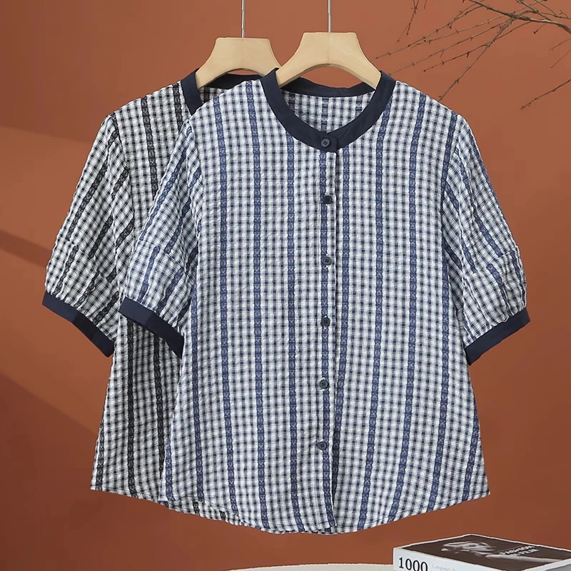 拉夏贝尔蓝色格子衬衫女夏薄款短袖2025年新款法式独特巨好看小衫