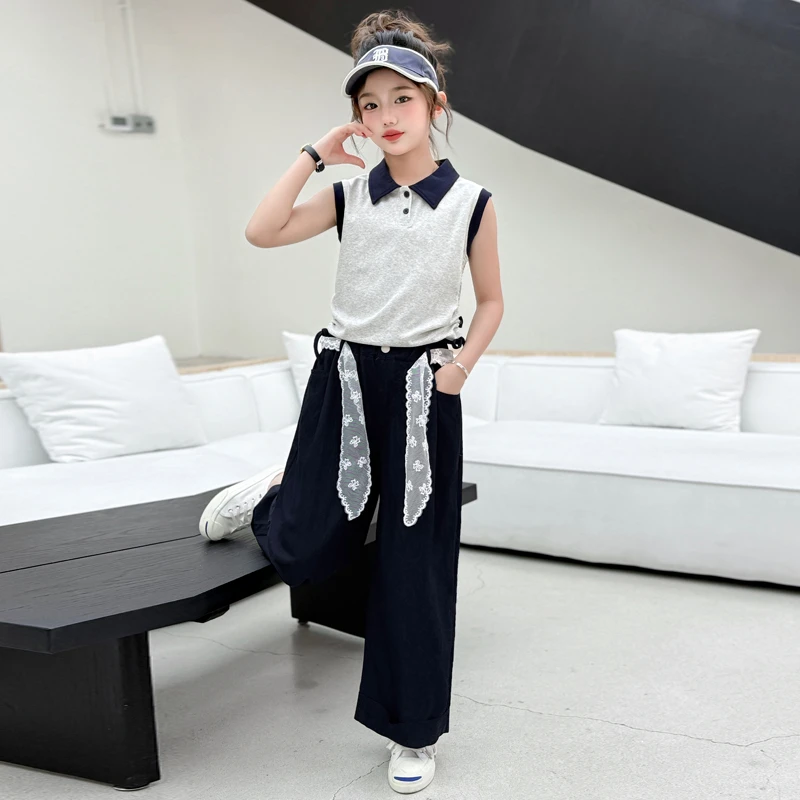 女童套装夏季2025新款儿童Polo衫无袖T恤女孩休闲长裤薄款两件套