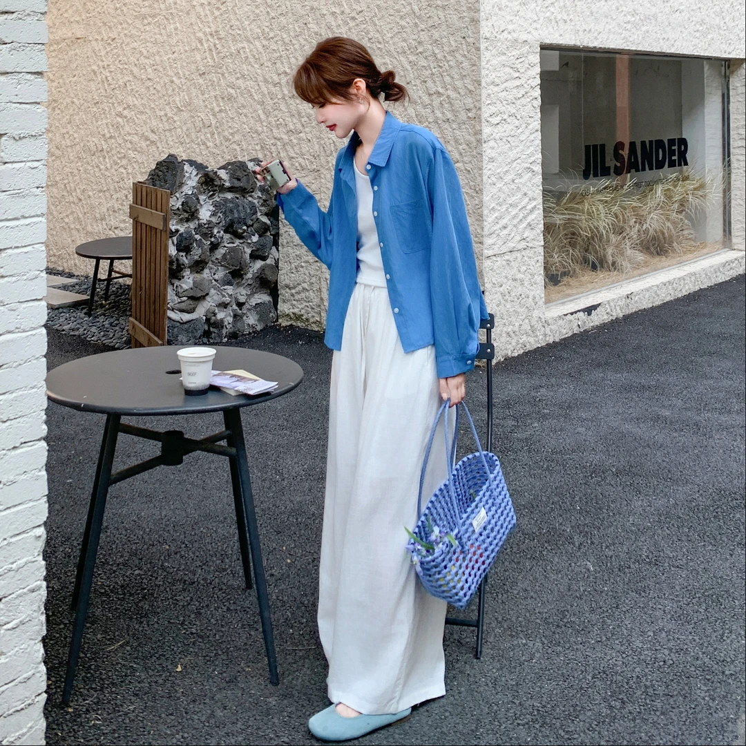 超好看ins风穿搭三件套女爆款韩系长袖衬衫背心阔腿裤潮套装