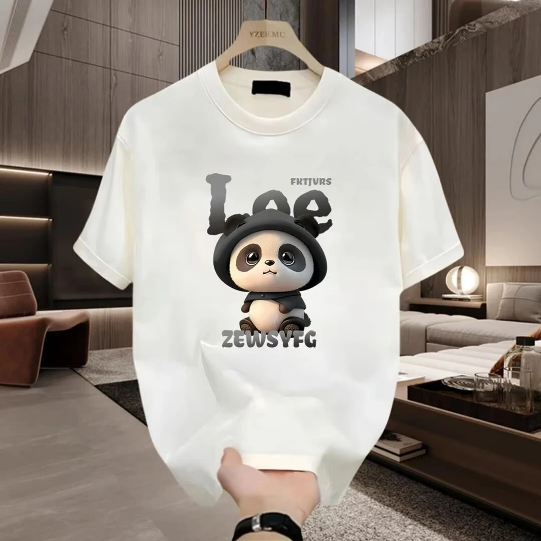 欧洲站高端冰丝光棉短袖T恤男修身潮牌字母熊猫印花半袖体恤夏款
