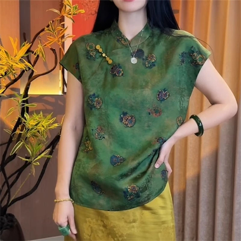 新中式国风绿色提花宝葫芦衬衫女2025夏季新款轻奢立领斜襟短袖潮