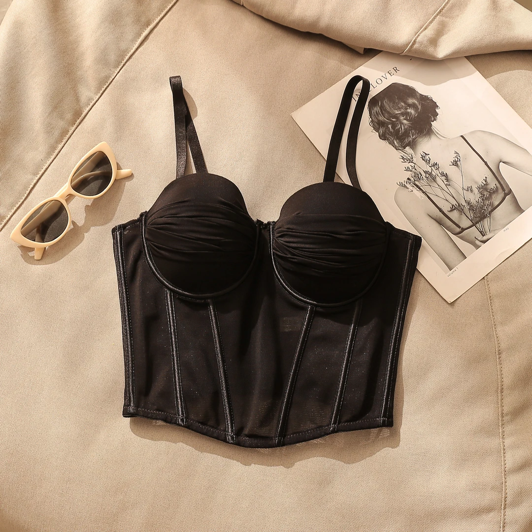 辣妹黑色网纱褶皱鱼骨吊带背心女夏高级感带胸垫内搭美背束腰上衣