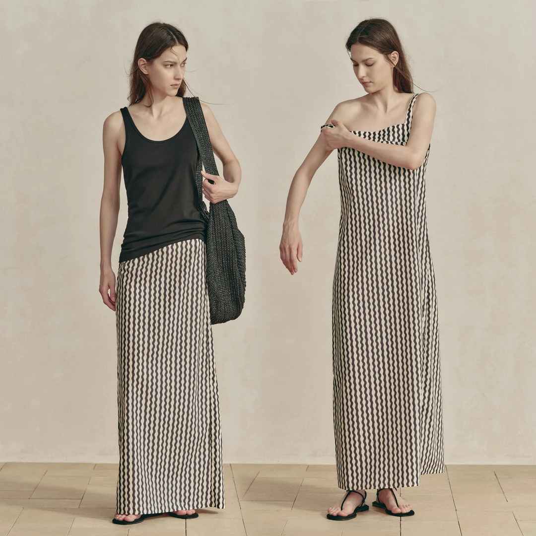 白弓BAIGONG/2025新款波浪纹气质度假通勤夏季连衣裙套装55702X