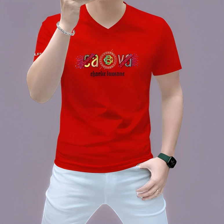 2025夏季男装半截袖鸡心领短袖休闲潮流男士v字领烫钻修