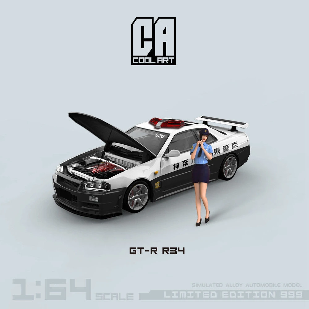 【CA】1:64 GT-R R34 前后开盖版警车 仿真合金汽车模型