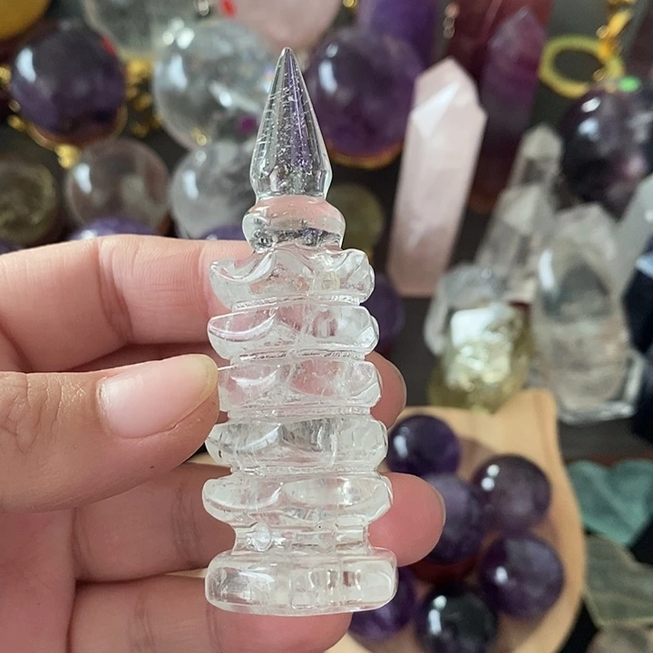 石材纯天然白文昌塔带彩体透！